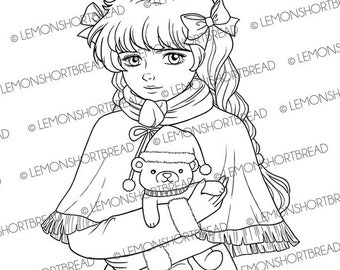 Digital Stamp Winter Teddy Bear, Digi Printable Coloring Page, Christmas Winter, Autumn Fall, Scrapbooking Card, Instant download