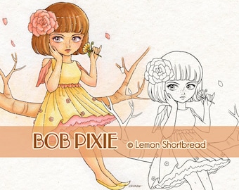 Bob Hair Pixie Girl Digital Stamp: Floral Fantasy Coloring Page (Instant Download)