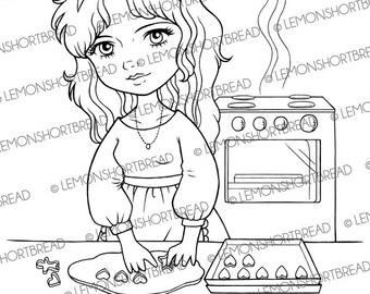 Digital Stamp Baking Cookies, Digi Lady Girl Pastry Baker, Valentine's Mother's Day, Instant Download