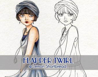 Digital Stamp Flapper Twirl Girl, Art Déco Digi vintage Fashion Summer, Coloring Page, Clip Art Instant Télécharger