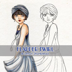 May include: A black and white line drawing of a woman wearing a flapper dress and a turban, next to a colored illustration of the same woman in a blue flapper dress and a turban. The text "FLAPPER TWIRL © Lemon Shortbread" is below the images.