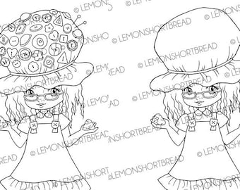 Digital Stamp Buttons Mad Buttoner, Digi Coloring Page, Seamstress Mothers, Girl with Hat, Sewing, Instant Download