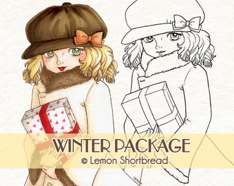 Digital Stamp Winter Package Gift, Digi Christmas Birthday Present Girl, Printable Coloring Page, Line Art Crafting Download