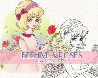 Digital Stamp Roses Girl Beehive, Digi Printable Coloring Page, Flowers Floral Summer, Romantic Anime, Instant Download