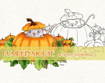 Digital Stamp Pumpkin Mouse, Digi Halloween Jack O Lantern, Autumn Fall, Digi Download, Animal Coloring Page, Line Art