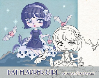 Digital Stamp Bat Flapper Girl, Digi Halloween Goth, Skulls Witch, Gothic Horror, Coloring Page Download