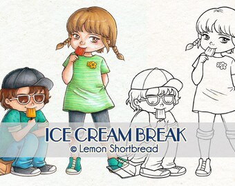 Digitale postzegels Ijspauze, Digi Download, Boy Girl Coloring Page, Summer Kids Children, Clip Art Scrapbooking