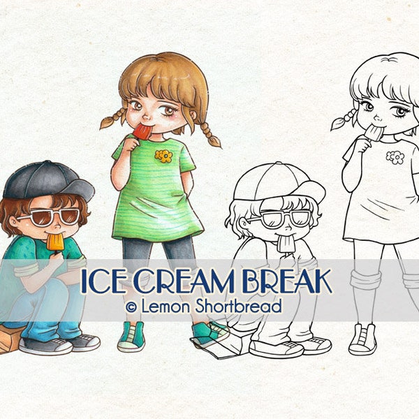 Digital Stamps Ice Cream Break, Digi Download, Boy Girl Coloring Page, Summer Kids Children, Clip Art Scrapbooking