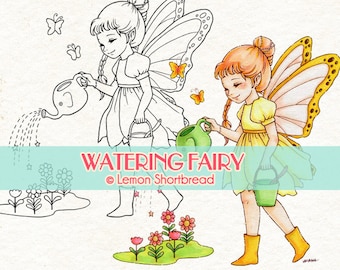 Digital Stamp Watering Flower Fairy, Digi Coloring Page Fantasy Butterfly, Floral Garden, Spring Summer, Download