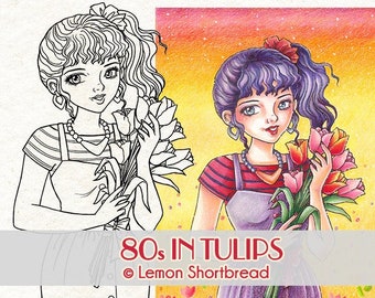 Digital Stamp 80s in Tulips Girl, Digi Download Coloring Page, 1980s Birthday Spring Summer, Flowers Floral