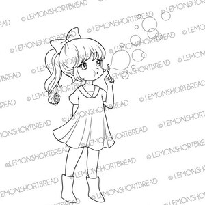 Digital Stamp Blowing Bubbles Girl, Digi Download, Children Clip Art, Spring Summer, Thinking of You, Coloring Page, Scrapbooking image 2