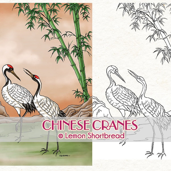 Digital Stamp Chinese Japanese Cranes, Digi Download, Birds, New Year Greetings, Bamboo, Coloring Page, East Asian Brush Style, Oriental