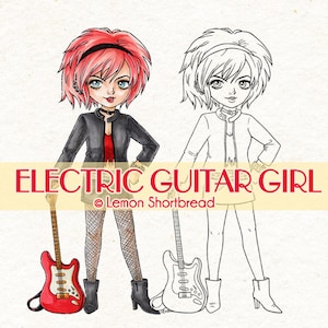 Digitale stempel elektrische gitaar meisje, Digi afdrukbare kleurplaat, Rock Star, Punk Music Fashion, Strat, Image Line Art