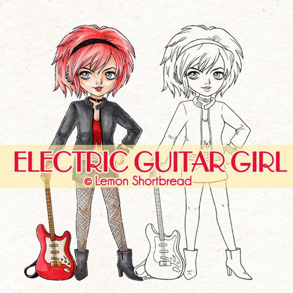 Digital Stamp Electric Guitar Girl, Digi Printable Coloring Page, Rock Star, Punk Music Fashion, Strat, Image Line Art