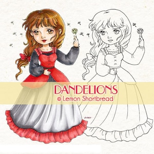 Sello digital Dandelions Chica, Digi Descargar, Mejores Deseos, Pensando en ti, Buena Suerte, Flor Para Colorear Página