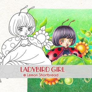 Digital Stamp Ladybug Ladybird Girl, Digi Coloring Page, Fantasy Garden Summer Flowers, Instant Download image 1