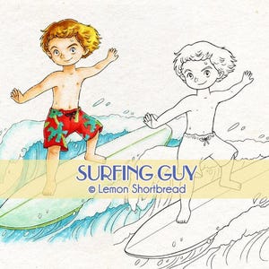 May include: A black and white line drawing of a person surfing on a wave, with a colored version of the image next to it. The colored image shows a person with brown hair wearing red shorts surfing on a wave. The text "SURFING GUY &copy; Lemon Shortbread" is below the images.
