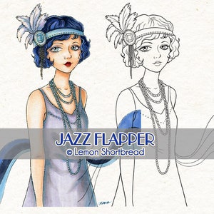 Digital Stamp Jazz Flapper Girl, Digi Art Deco Coloring Page, Vintage Fashion Summer, Clip Art Download image 1