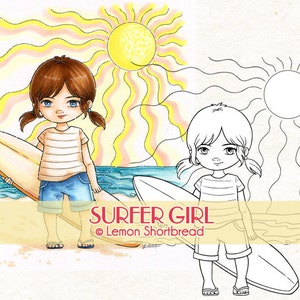 Digital Stamp Surfer Girl, Surfing Beach, Digi Download, Children Sports, Clip Art, Coloring Page, Scrapbooking image 1