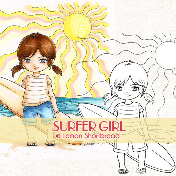 Digital Stamp Surfer Girl, Surfing Beach, Digi Download, Children Sports, Clip Art, Coloring Page, Scrapbooking