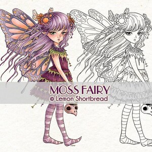 May include: A line drawing and a coloured illustration of a fairy with purple hair, butterfly wings, and a skull in her hand. The text "Moss Fairy © Lemon Shortbread" is below the image.