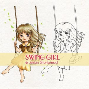 Sello digital Swing Girl, Digi Primavera Verano Otoño, Mejores Deseos, Niños Niños Línea Arte, Página para Colorear, Scrapbooking