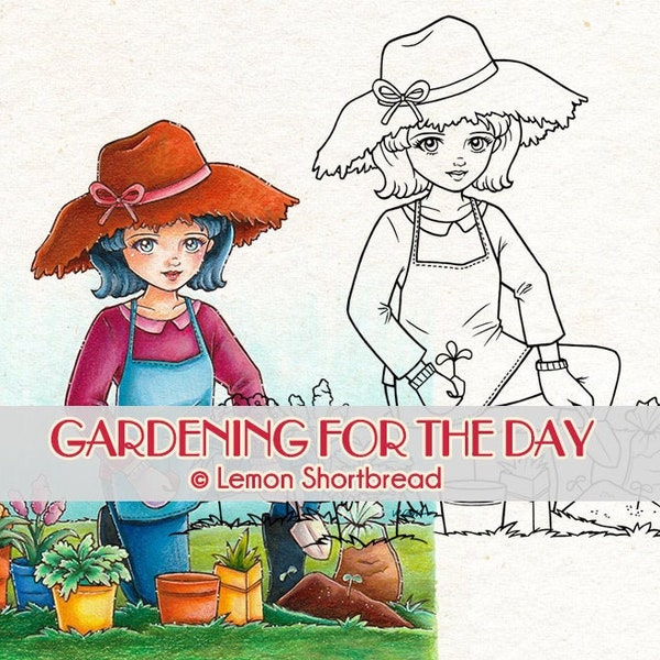 Digital Stamp Gardening Lady Plants, Digi Coloring Page Download, Spring Summer Garden, Floral Flowers Scrapbooking