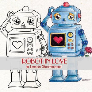 Digital Stamp Robot in Love, Digi Stamps Valentine's Day Heart, Boys Sci Fi, Retro Toys, Instant Download