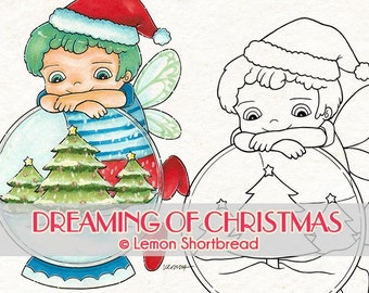 Digital Stamp Dreaming of Christmas, Digi Download Snowglobe Fairy, Boy Elf Snow Globe, Fantasy Coloring