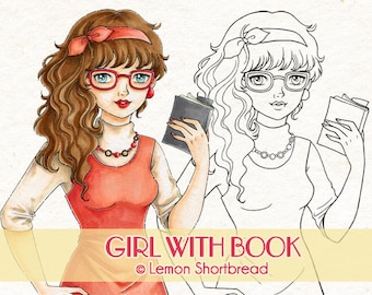 Digital Stamp Girl with Book, Digi Download, Coloring Page, Spectacles Bookworm Librarian, 1970s Retro Fashion