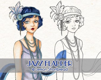 Digital Stamp Jazz Flapper Girl, Digi Art Deco Coloring Page, Vintage Fashion Summer, Clip Art Download