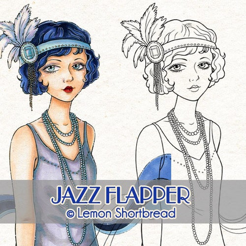 Digital Stamp Jazz Flapper Girl, Digi Art Deco Coloring Page, Vintage Fashion Summer, Clip Art Download