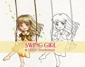 Digital Stamp Swing Girl, Digi Spring Summer Autumn, Best Wishes, Children Kids Line Art, Coloring Page, Scrapbooking