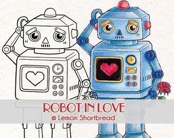 Digital Stamp Robot in Love, Digi Stamps Valentine's Day Heart, Boys Sci Fi, Retro Toys, Instant Download