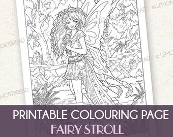 Printable Digital Coloring Page - Fairy Stroll, Fantasy Anime Styled Drawing