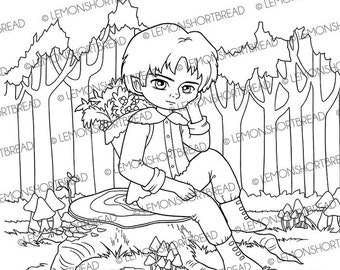 Digital Stamp Tree Trunk Seat, Digi Printable Coloring Page, Fantasy Male Elf, Mushroom Forest Autumn Fall Harvesting, Instant download