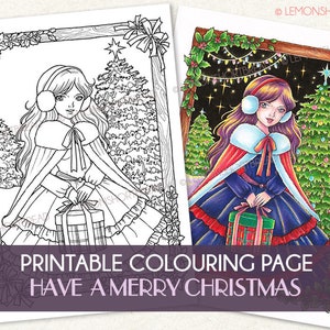 Printable Digital Coloring Page, Merry Christmas, Anime Style Girl, Gift Present Trees image 1