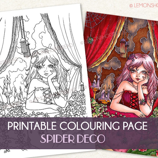 Printable Digital Colouring Page, Spider Deco Girl, Instant Download, Goth Fantasy, Gothic Lolita, Halloween Horror, Coloring Anime Style