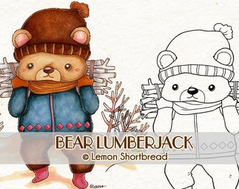 Digital Stamp Bear Lumberjack, Digi Download, Coloring Page, Winter Autumn Fall, Forest Teddy Animals
