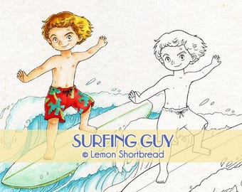 Digital Stamp Surfing Guy, Surfer Boy, Digi Download, Beach Summer Sports, Image Line Art, Coloring Page