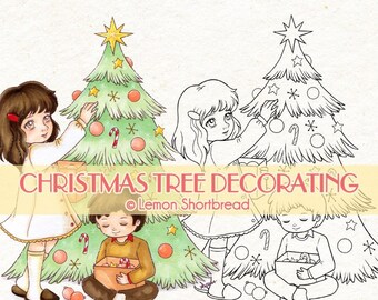 Digital Stamp Christmas Tree Decorating, Digi Coloring Page, Printable Download, Children Kids Siblings, Scrapbooking Crafting
