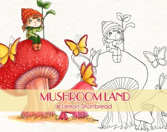 Digital Stamp Mushroom Land Fantasy, Digi Download Coloring Page, Elf Fairy Pixie, Toadstool Clip Art, Autumn Fall