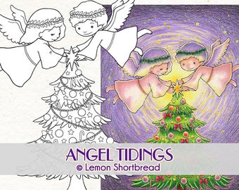 Digital Stamp Angel Tidings, Digi Printable Colouring Page, Merry Christmas Tree, Scrapbooking Craft, Image Download