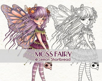 Digital Stamp Moss Fairy, Digi Coloring Page Goth Fantasy, Anime Halloween Gothic Skull, Line Art, Download