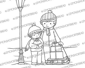Winter Boys Digital Stamp: Christmas Scene Coloring Page (Instant Download)