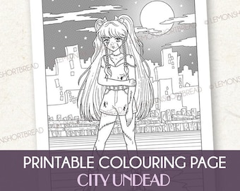 Printable Adult Colouring Page, City Undead, Halloween Zombie, Gothic Goth Girl, Fantasy Art Anime, Digital Download, Night Scene