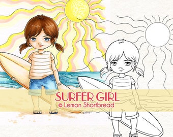 Digital Stamp Surfer Girl, Surfing Beach, Digi Download, Children Sports, Clip Art, Coloring Page, Scrapbooking