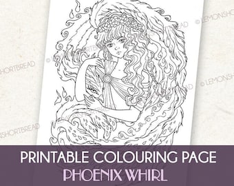 Printable Digital Coloring Page - Phoenix Whirl, Fantasy Girl, Anime Styled Drawing, Fire Bird Download