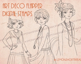 Digital Stamps Art Deco Flapper Girls, Digi Printable Coloring Pages, Vintage Fashion, Line Art Image, Download