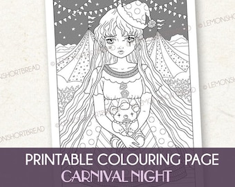 Printable Adult Colouring Page, Carnival Night, Gothic Goth Girl, Circus Clown, Halloween Fantasy Art Anime, Digital Download
